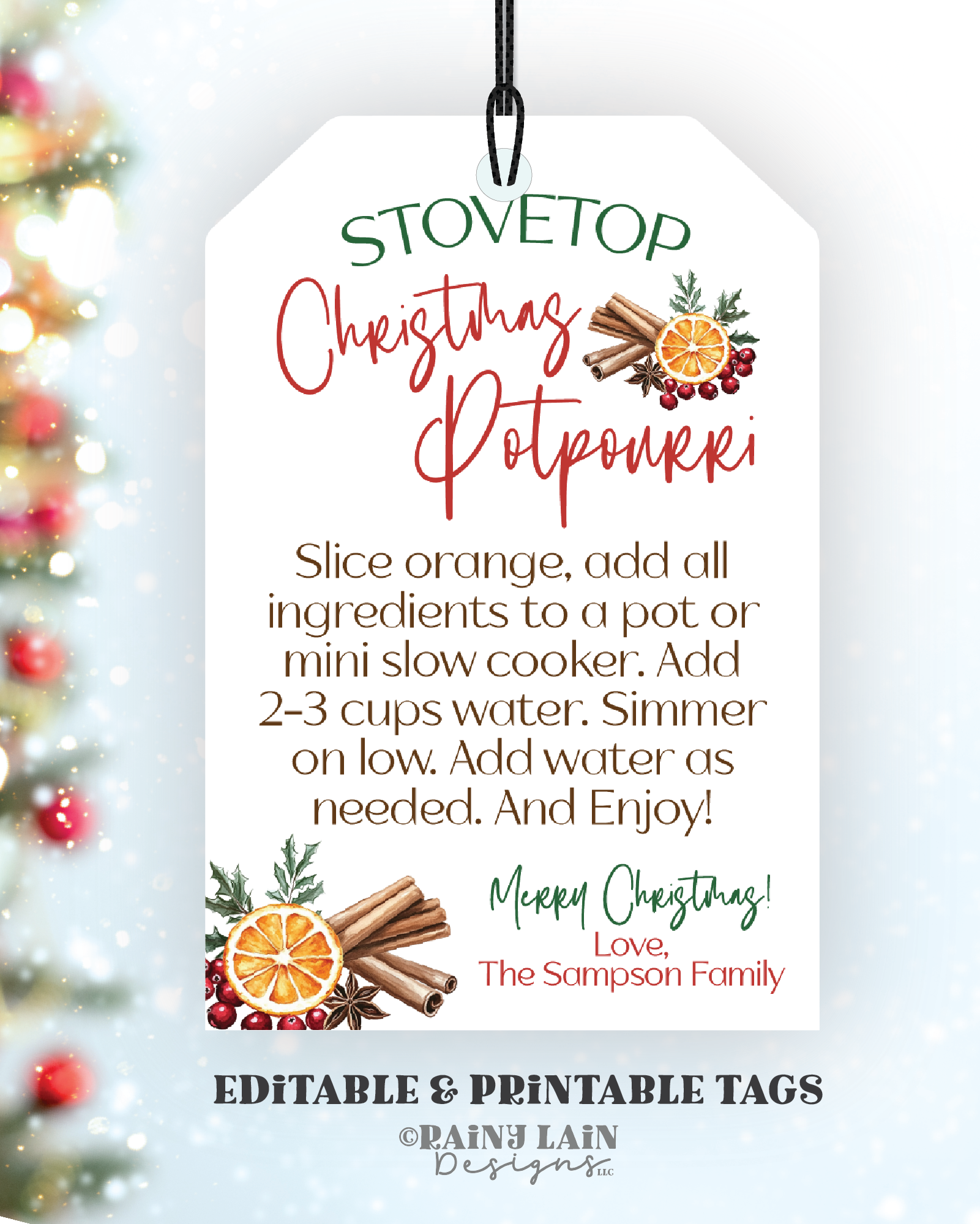 Editable Stovetop Potpourri Christmas Gift Tag Template, Holiday Scent – Rainy Lain Designs LLC for Christmas Stovetop Potpourri Recipe And Free Printable Gift Tag