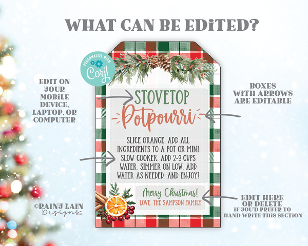 Stovetop Potpourri Gift Tag, Christmas, Holiday Scents Label, Editable Template, Neighbor, Teacher, Digital, Printable, Download