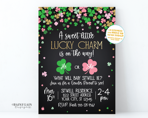 St. Patrick's Day Gender Reveal Invitation, A sweet little lucky charm is on the way, He or She what will our little shamrock be, chalkboard