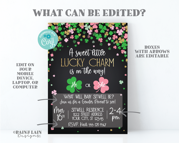 St. Patrick's Day Gender Reveal Invitation, A sweet little lucky charm is on the way, He or She what will our little shamrock be, chalkboard