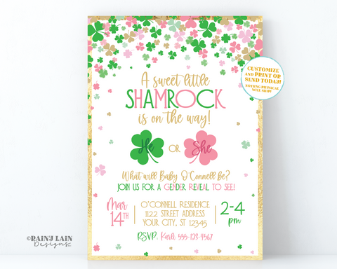 St. Patrick's Day Gender Reveal Invitation, A sweet little shamrock is on the way, He or She what will our little shamrock be, lucky charm
