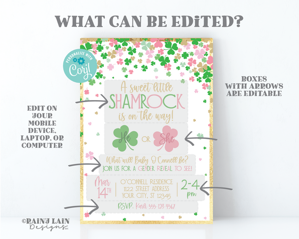 St. Patrick's Day Gender Reveal Invitation, A sweet little shamrock is on the way, He or She what will our little shamrock be, lucky charm
