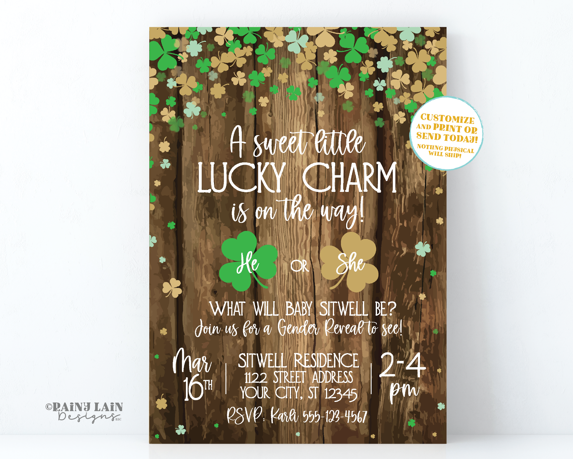 St. Patrick's Day Gender Reveal Invitation, A little lucky charm is on the way, He or She, rustic, wood,  green,  gold, little shamrock