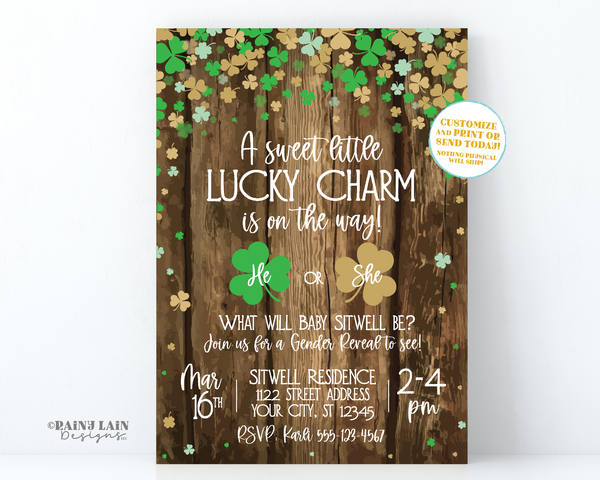 St. Patrick's Day Gender Reveal Invitation, A little lucky charm is on the way, He or She, rustic, wood, green, gold, little shamrock