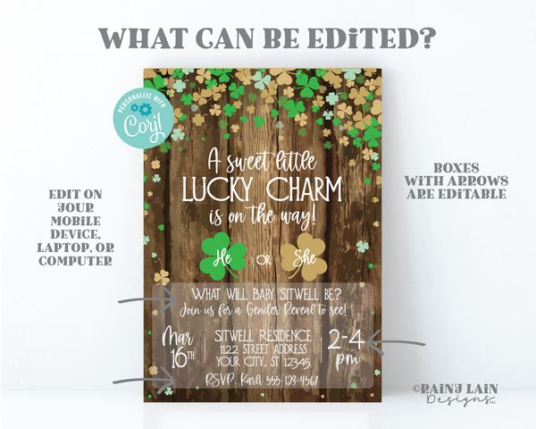 St. Patrick's Day Gender Reveal Invitation, A little lucky charm is on the way, He or She, rustic, wood,  green,  gold, little shamrock