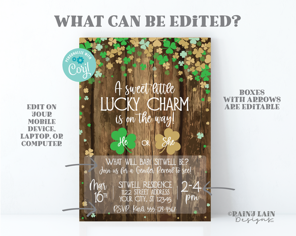 St. Patrick's Day Gender Reveal Invitation, A little lucky charm is on the way, He or She, rustic, wood, green, gold, little shamrock