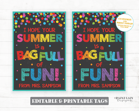 Hope Your Summer is Bag Full of Fun Editable Tag Summer Vacation From Teacher Gift To Student End of School Year Goodie Favor PTO Printable