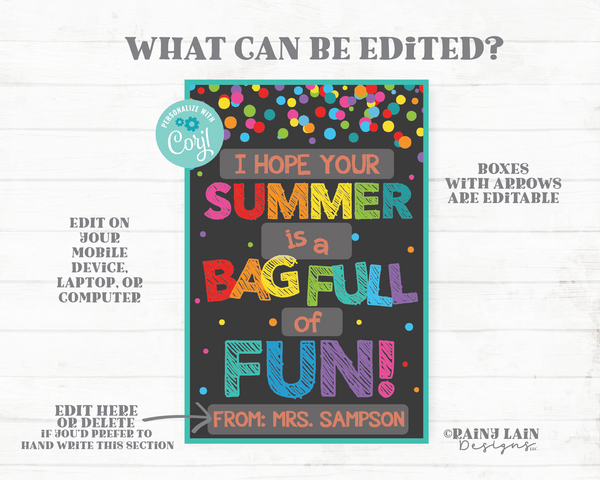 Hope Your Summer is Bag Full of Fun Editable Tag Summer Vacation From Teacher Gift To Student End of School Year Goodie Favor PTO Printable