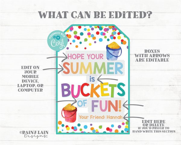 Summer is Buckets of Fun, End of School Year, Last day Favor, From Teacher Gift to Student, PTO, Classmate, Preschool, Printable, Editable