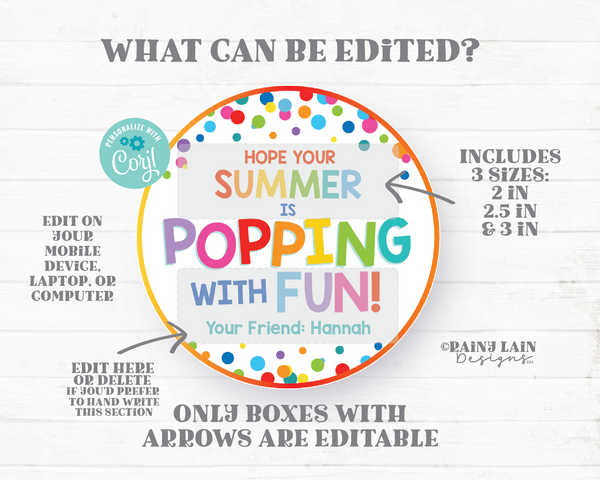 Hope your Summer is Popping with Fun Tags Round End of School Year Gift Circle Popcorn Pop Fidget Preschool Classroom Printable Kids Teacher