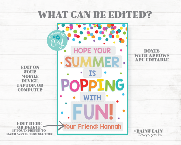 Hope your Summer is Popping with Fun Card, Popcorn, Pop, Fidget, End of School Year Gift, Preschool, Classroom Printable, Kids Teacher