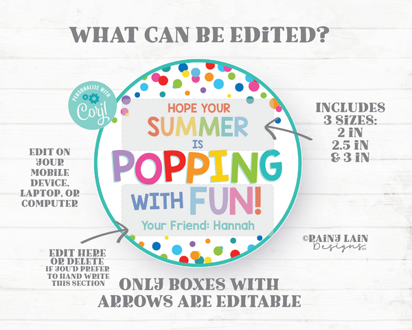 End of School Year Gift Tags Hope your Summer is Popping with Fun Round Circle Popcorn Pop Fidget Preschool Classroom Printable Kids Teacher