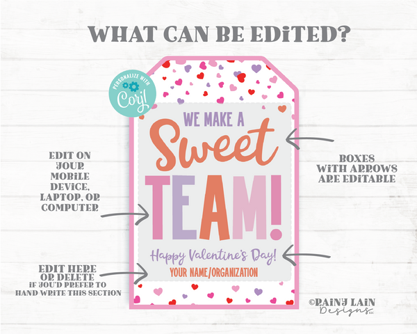 Sweet Team Valentine, Co-Worker, Staff, Employee, Sports, Valentine's Day Tag, Preschool, Classroom, Printable, Non-Candy Digital Download