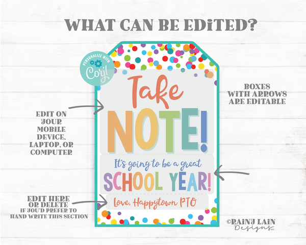 Take Note Great School Year Tag Notebook Editable First Day of School 1st Back to School Gift Note Book Student From Teacher Pen Pencil
