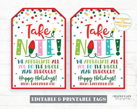Notebook Gift Tag Take Note appreciate all you do the whole year through Christmas Holiday Appreciation Staff Teacher Student Principal PTO