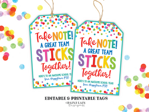 First day of School Teacher Gift Ideas, Take Note, Sticky Notes, Notebook, Back To School Teacher Gift Tag From PTO
