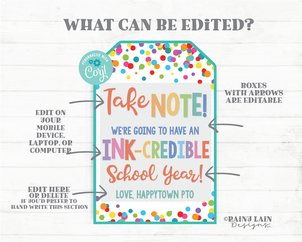 Take Note INK-credible School Year Tag Notebook Editable First Day of ...