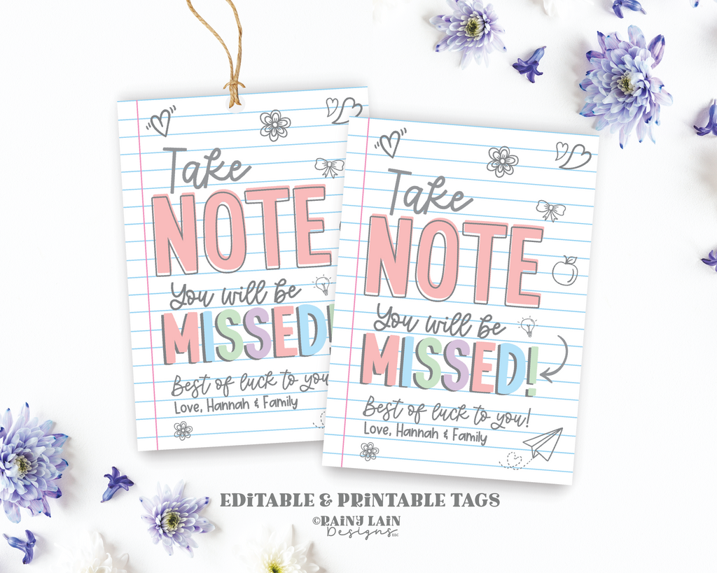 Pinterest Goodbye Note Teacher Goodbye Gift Tag, Farewell gift tag, Take Note You Will be Mis ...