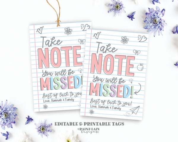 Teacher Goodbye Gift Tag, Farewell gift tag, Take Note You Will be Missed Tag, Notebook, Pen, Stationary, Pastel