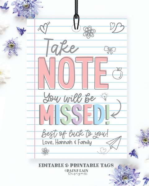 Teacher Goodbye Gift Tag, Farewell gift tag, Take Note You Will be Missed Tag, Notebook, Pen, Stationary, Pastel