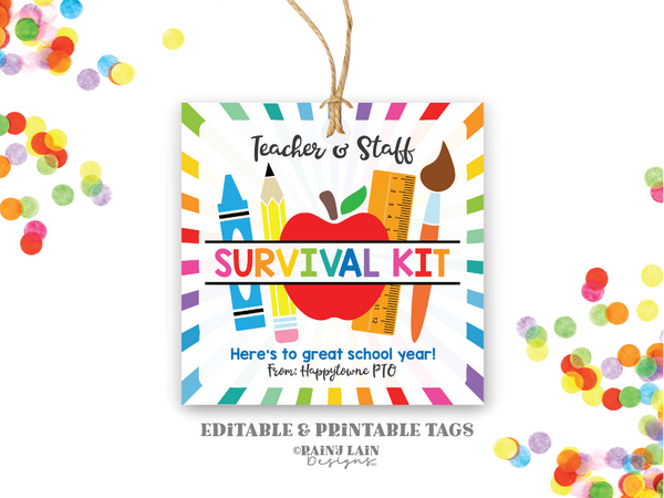 Teacher Survival Kit Tags, Teacher Gift Tag from PTO, First Day of School Teacher Gift Ideas, Back to School Editable Gift Tag, Downloadable