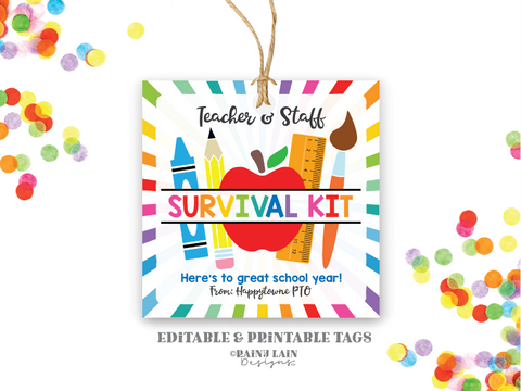 Teacher Survival Kit Tags, Teacher Gift Tag from PTO, First Day of School Teacher Gift Ideas, Back to School Editable Gift Tag, Downloadable