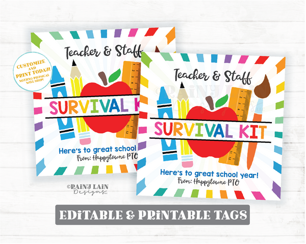 School Survival Kit Tag Teacher Staff Administrator Psychologist Counselor Editable Back to School 1st Day Gift Principal Paraeducator PTO