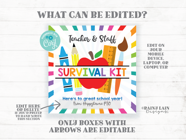 Teacher Survival Kit Tags, Teacher Gift Tag from PTO, First Day of School Teacher Gift Ideas, Back to School Editable Gift Tag, Downloadable