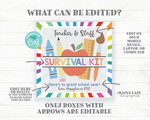 School Survival Kit Tag Teacher Staff Administrator Psychologist Counselor Editable Back to School 1st Day Gift Principal Paraeducator PTO