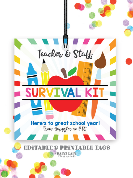 Teacher Survival Kit Tags, Teacher Gift Tag from PTO, First Day of School Teacher Gift Ideas, Back to School Editable Gift Tag, Downloadable