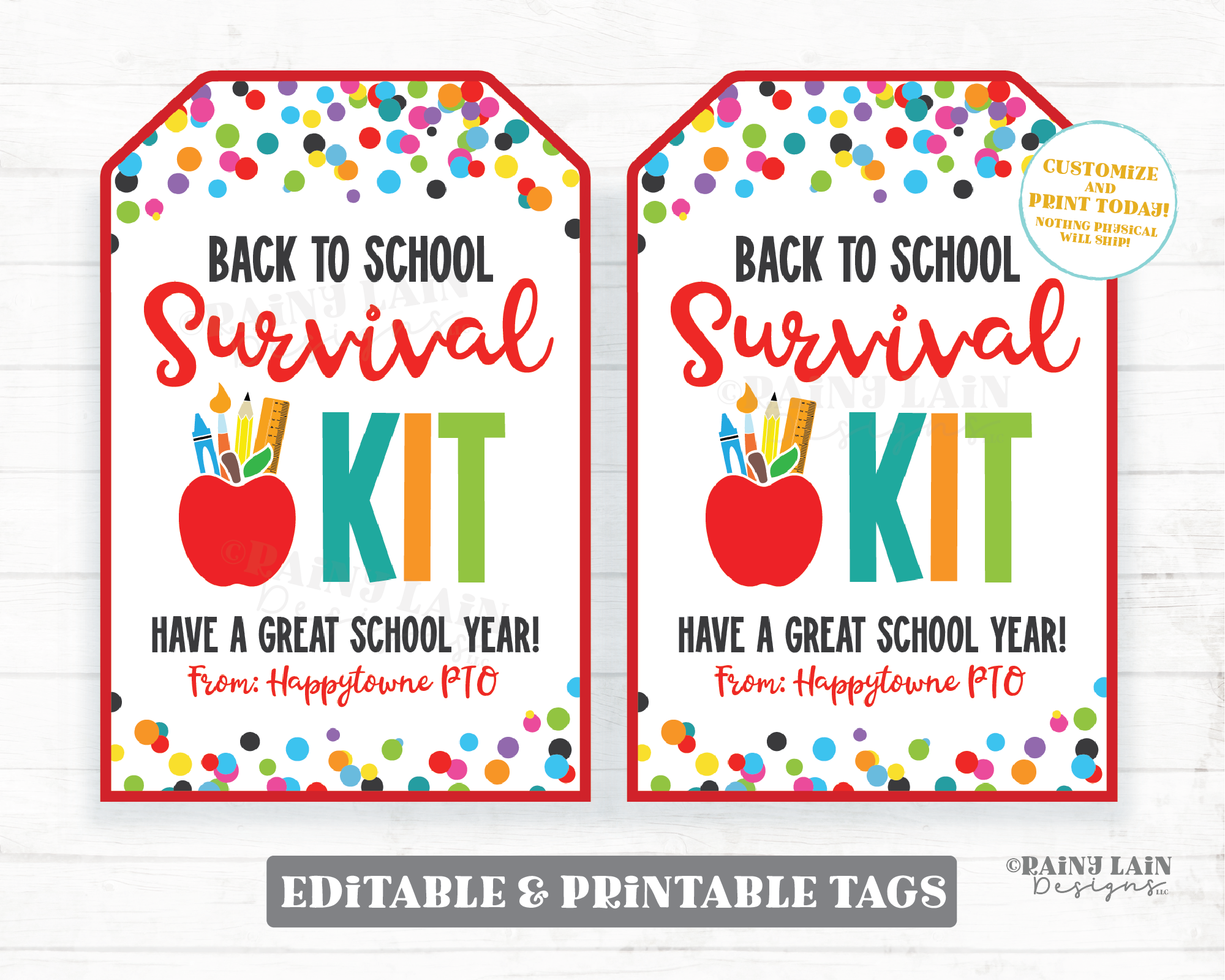 Back to School Survival Kit Tag Editable Emergency 1st Day of School Gift for Teacher Staff Appreciation Gift Principal PTO Apple Confetti