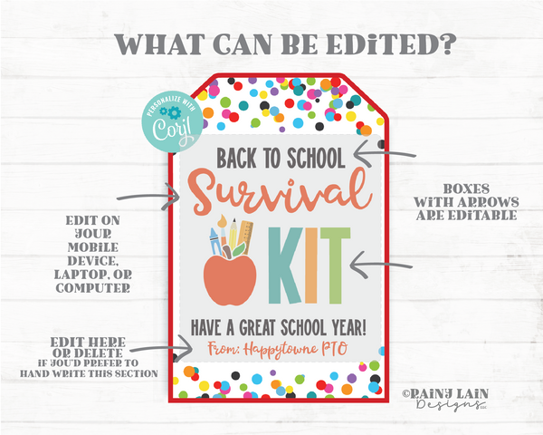 Back to School Survival Kit Tag Editable Emergency 1st Day of School Gift for Teacher Staff Appreciation Gift Principal PTO Apple Confetti