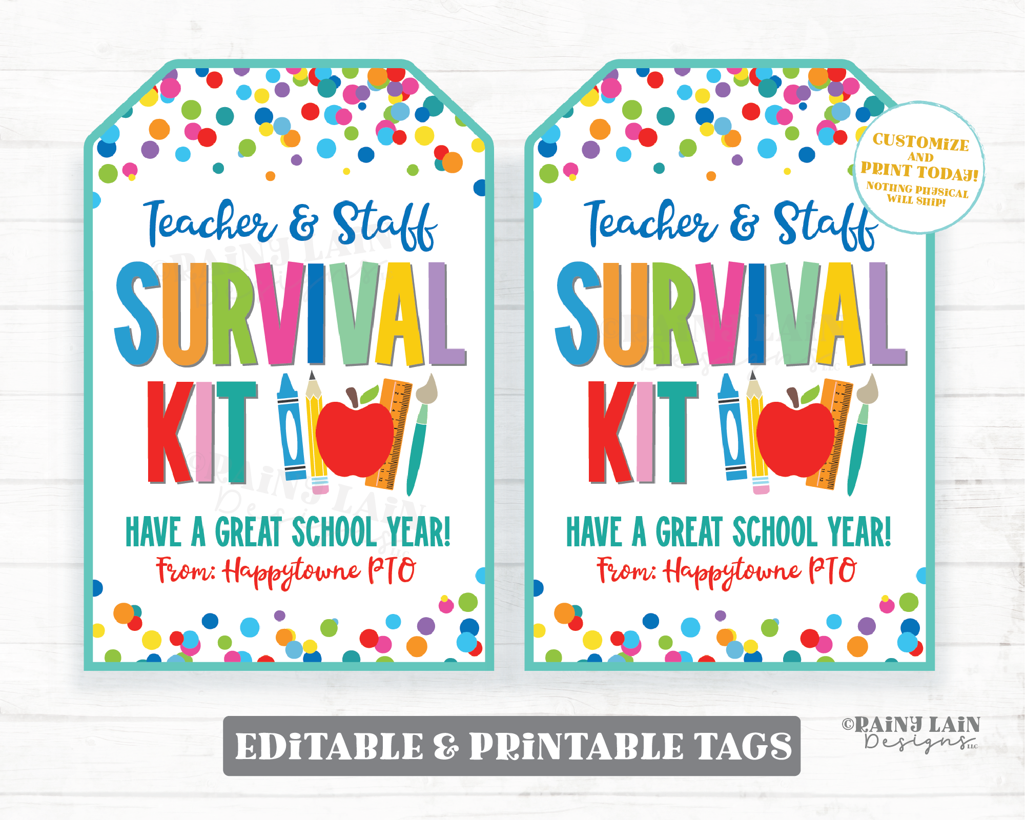 Teacher and Staff Survival Kit Tag Editable Back to School 1st Day Gift Principal Psychologist Counselor Paraeducator Administrator PTO