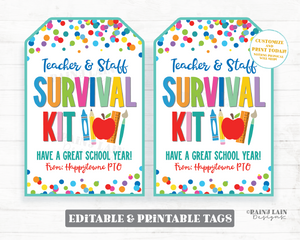 Teacher and Staff Survival Kit Tag Editable Back to School 1st Day Gift Principal Psychologist Counselor Paraeducator Administrator PTO