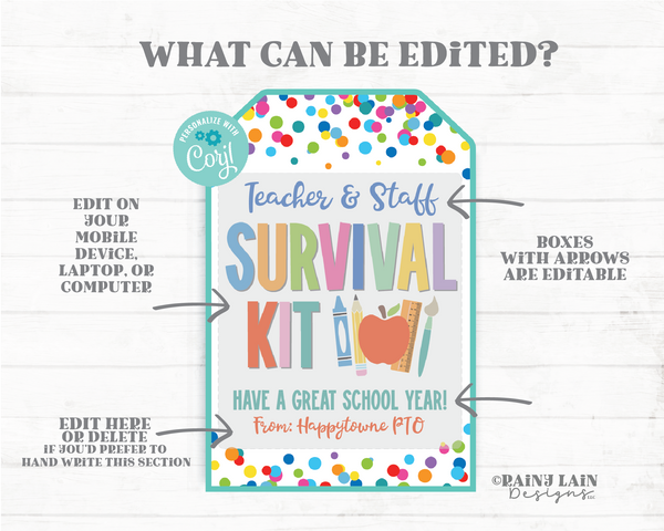 Teacher and Staff Survival Kit Tag Editable Back to School 1st Day Gift Principal Psychologist Counselor Paraeducator Administrator PTO