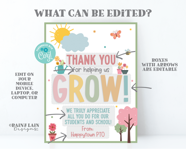 Teacher Appreciation Week Sign, Editable Thank You for Helping Us Grow Sign, Grow Theme, Spring Garden Theme Editable Teacher and Staff Sign
