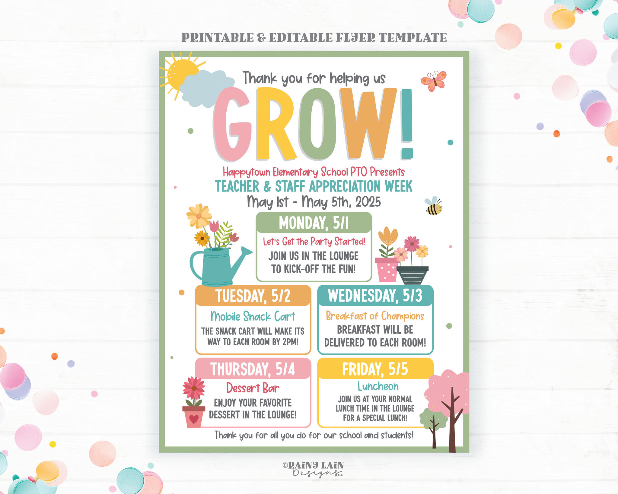 Teacher Appreciation Week Flyer Template, Grow Theme, Spring Garden Theme, Editable Teacher and Staff Appreciation Schedule, Itinerary