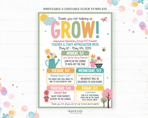 Teacher Appreciation Week Flyer Template, Grow Theme, Spring Garden Theme, Editable Teacher and Staff Appreciation Schedule, Itinerary
