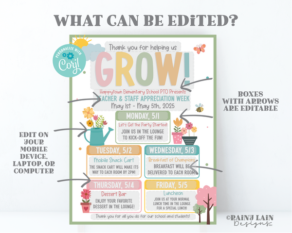 Teacher Appreciation Week Flyer Template, Grow Theme, Spring Garden Theme, Editable Teacher and Staff Appreciation Schedule, Itinerary