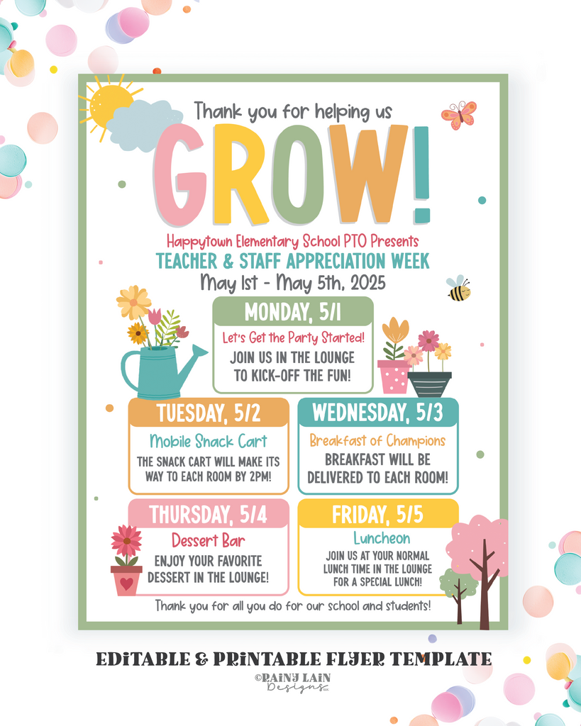 Spring Time Appreciation Week Teacher Appreciation Week Flyer Template, Grow Theme (Editable Digital ...