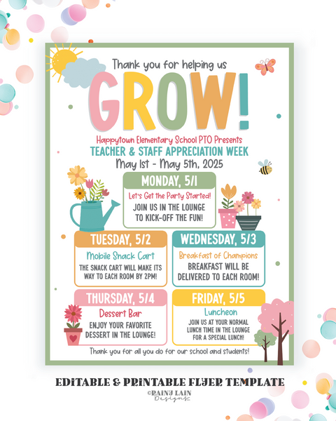 Teacher Appreciation Week Flyer Template, Grow Theme, Spring Garden Theme, Editable Teacher and Staff Appreciation Schedule, Itinerary