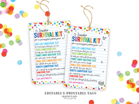 Teacher Survival Kit Tags, Back to School Gift Tags Editable, First Day of School Teacher Gift Ideas, Welcome Back Gifts from PTO