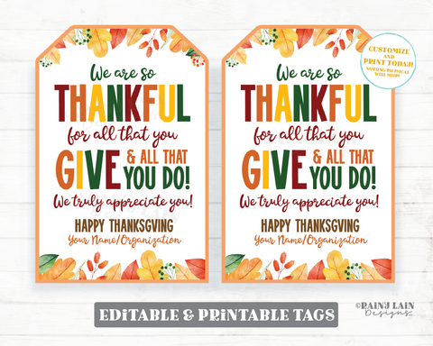 So Thankful for all you Give and all you do Tag Fall Leaves Appreciation Gift Autumn Thanksgiving Favor Employee Company Staff Teacher