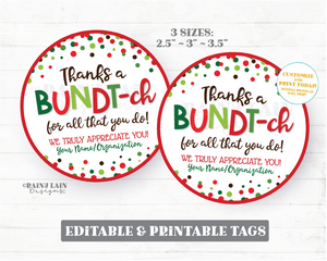 Bundt Cake Gift Tag Christmas Thank You Bundt-ch Holiday Bundt'ch Homemade Hostess Appreciation Favor Neighbor Employee Staff Teacher