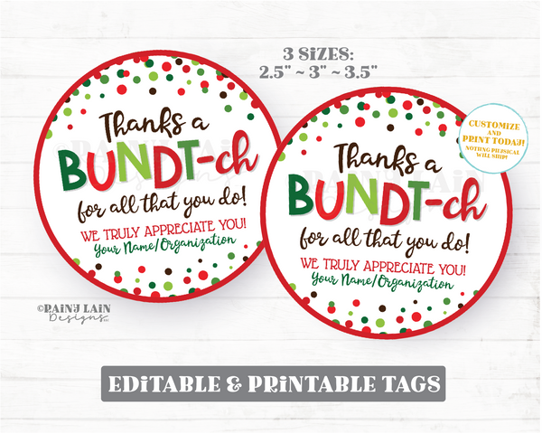 Bundt Cake Gift Tag Christmas Thank You Bundt-ch Holiday Bundt'ch Homemade Hostess Appreciation Favor Neighbor Employee Staff Teacher