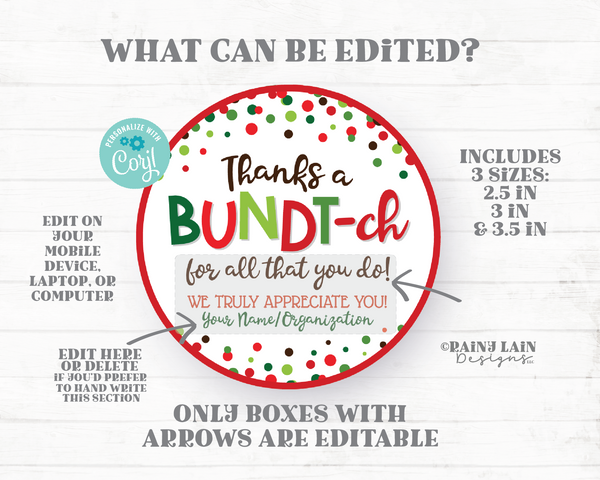 Bundt Cake Gift Tag Christmas Thank You Bundt-ch Holiday Bundt'ch Homemade Hostess Appreciation Favor Neighbor Employee Staff Teacher