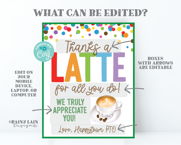 Thanks a Latte Sign, Teacher Appreciation, Staff Room Coffee Sign, Employee Company PTO PTA School Lounge