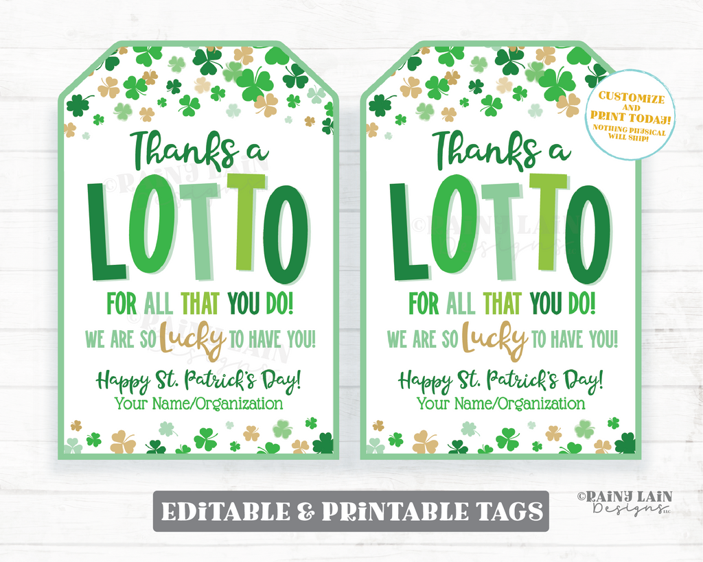 Thanks a Lotto for All you do St Patrick s Day Lotto Tags Shamrock