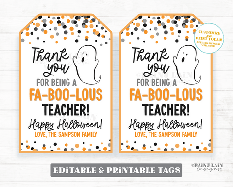 Faboolous Teacher Tag Editable, Happy Halloween Gift Printable, Thank You, Appreciation, Treats, Smores, Cookies, Digital Download