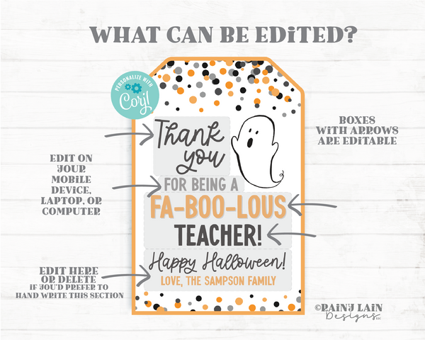 Faboolous Teacher Tag Editable, Happy Halloween Gift Printable, Thank You, Appreciation, Treats, Smores, Cookies, Digital Download